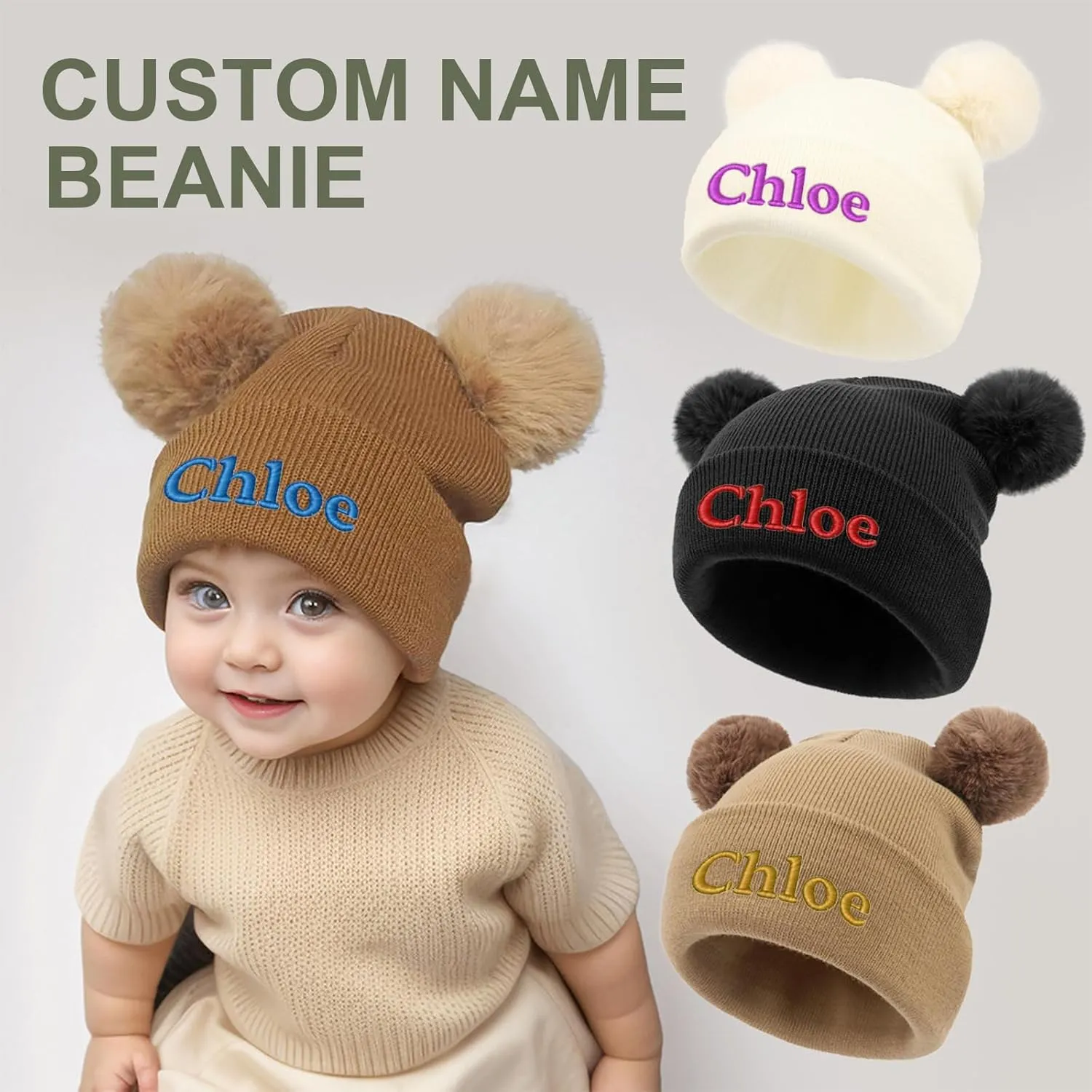 Custom Name Beanie Hats for Baby Girls Boys, Personalized Embroidered Beanies for Infants Toddlers, Winter Knit Hat