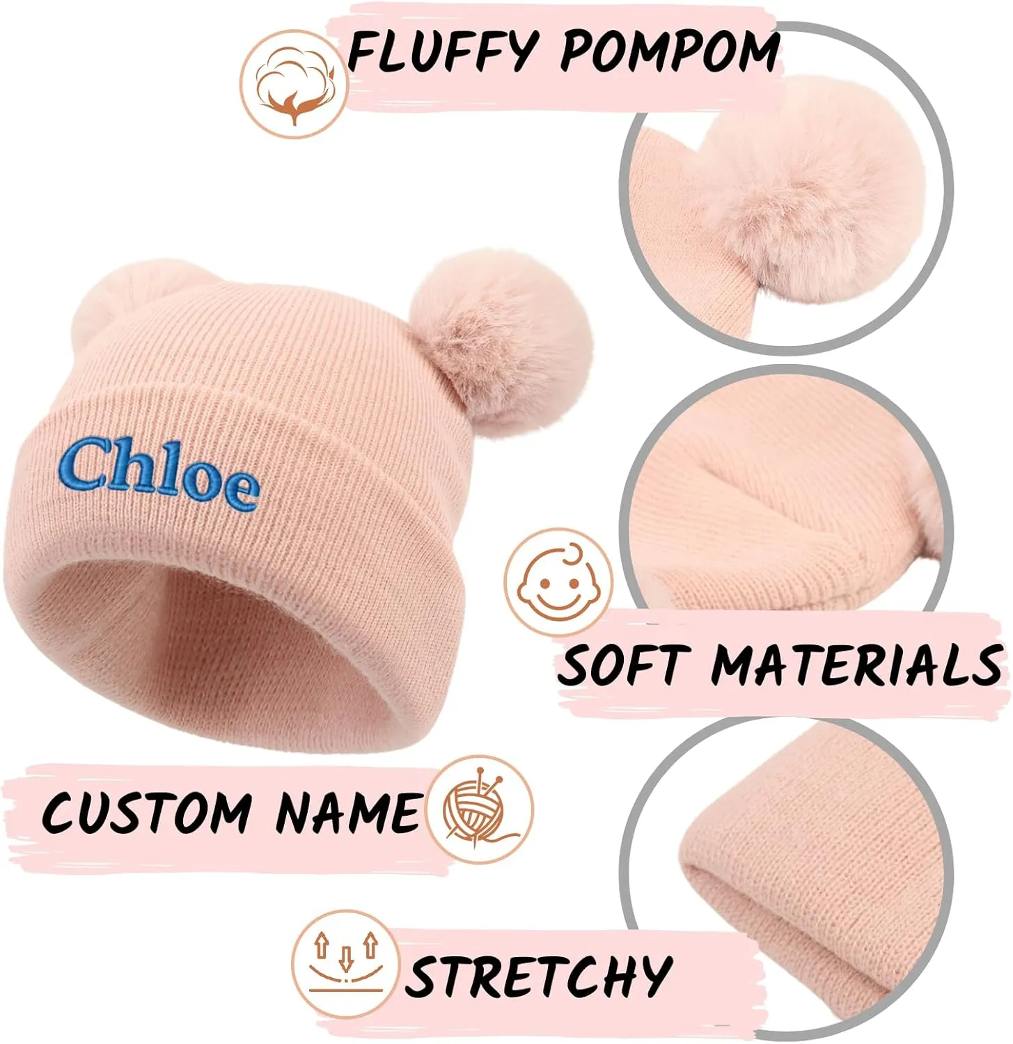 Custom Name Beanie Hats for Baby Girls Boys, Personalized Embroidered Beanies for Infants Toddlers, Winter Knit Hat