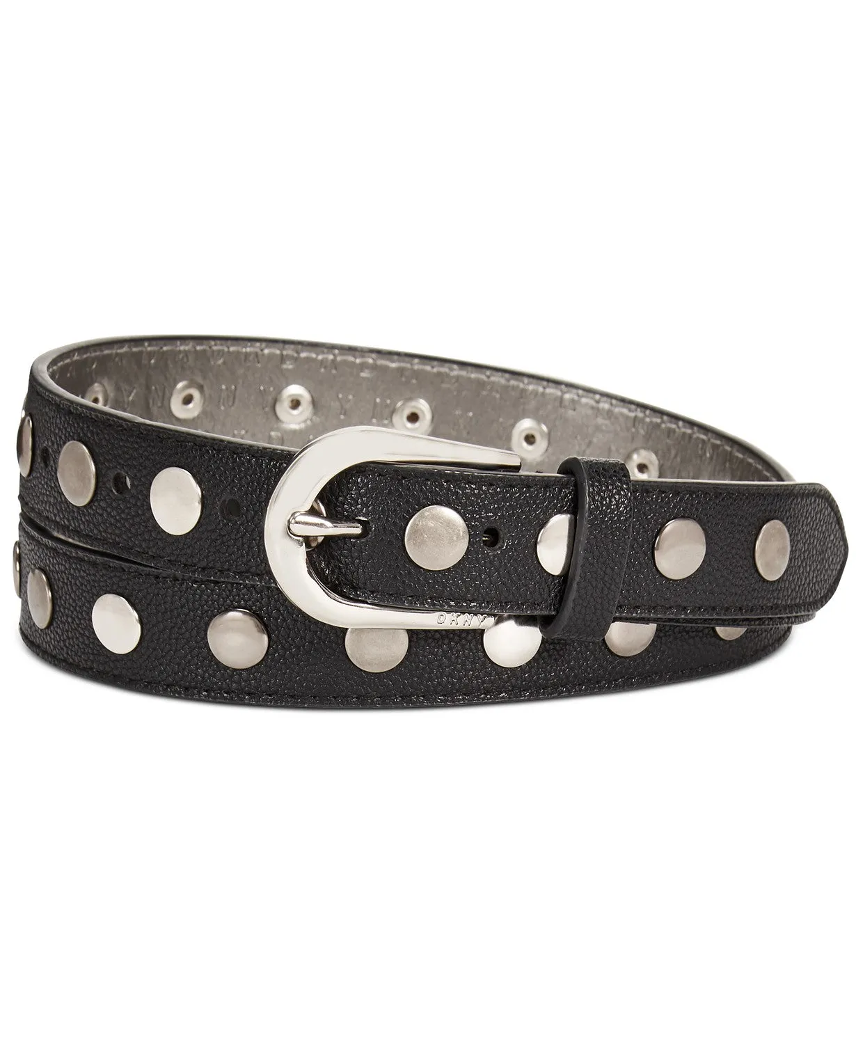 DKNY Women's Pebble-Grain Metallic Studded Faux-Leather Belt, Black, S