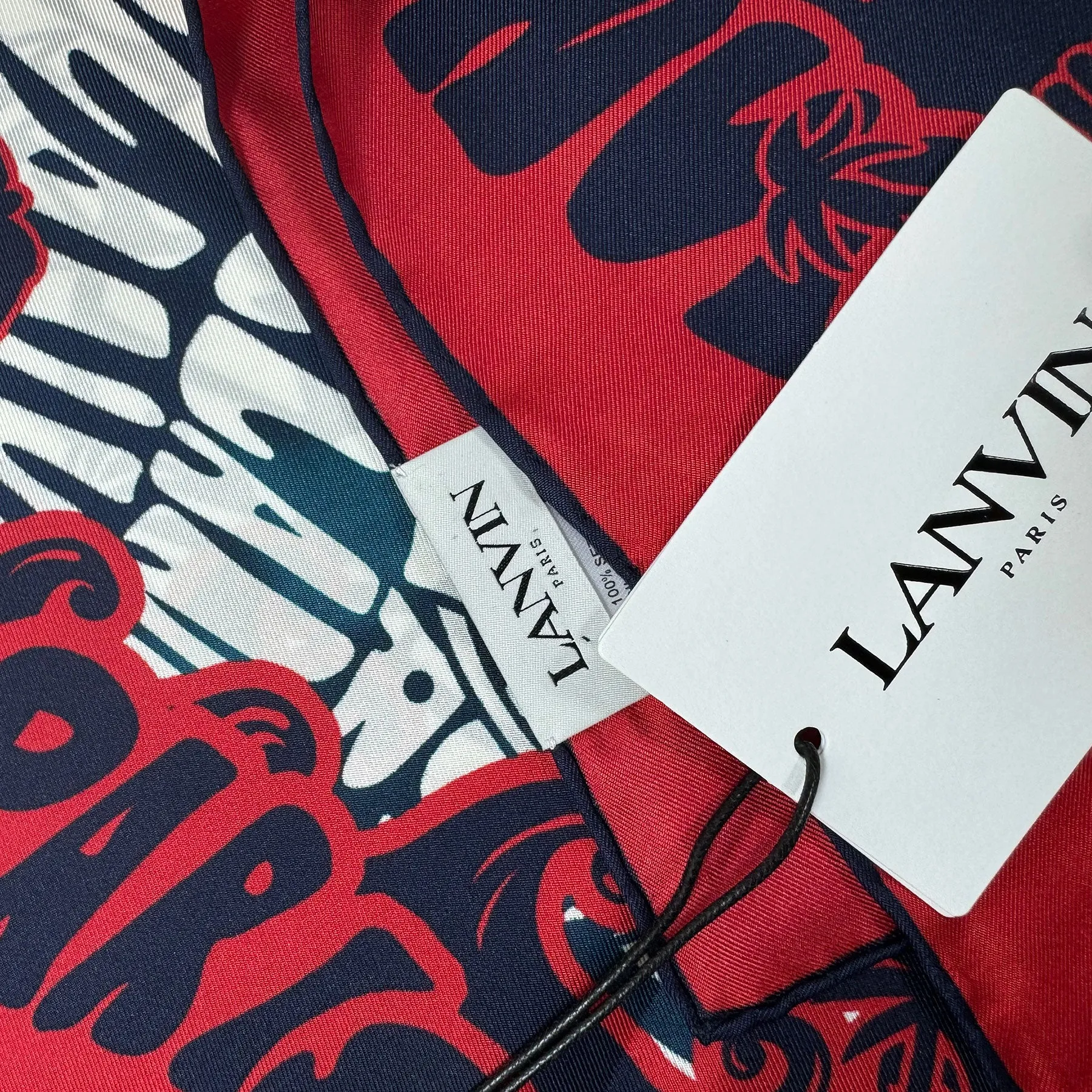 Lanvin Scarf Red Navy Logo Island Design - Twill Silk Square Foulard BLACK FRIDAY SALE