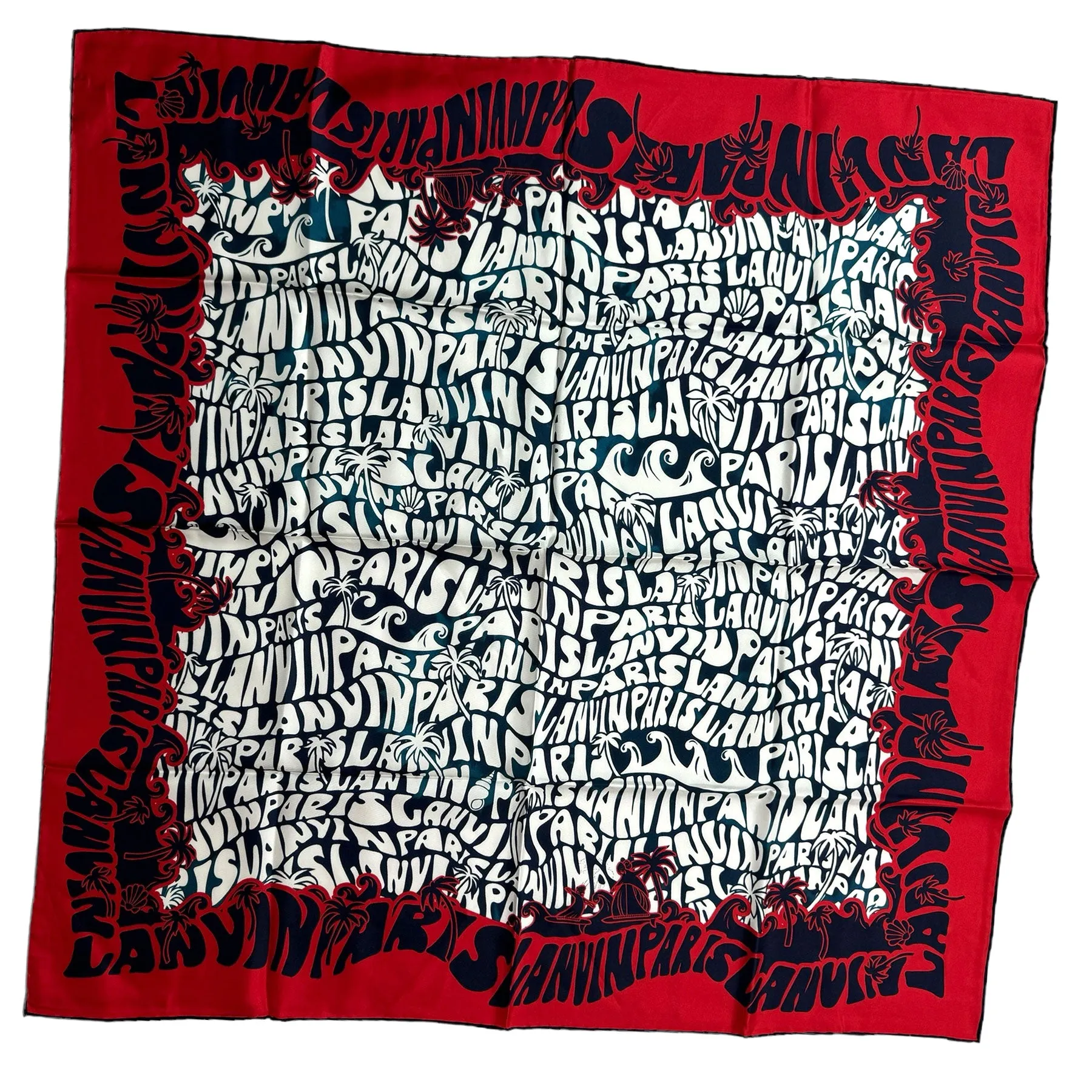 Lanvin Scarf Red Navy Logo Island Design - Twill Silk Square Foulard BLACK FRIDAY SALE
