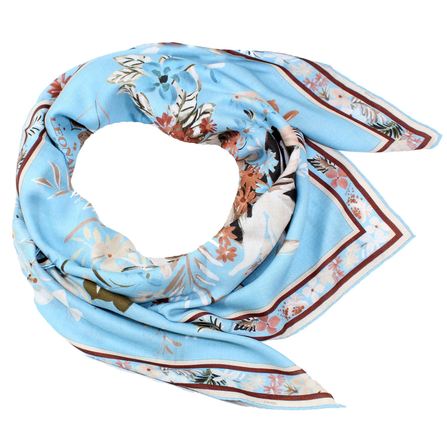 Leonard Paris Scarf Blue Brown Floral - Extra Large Square Cashmere Silk Wrap