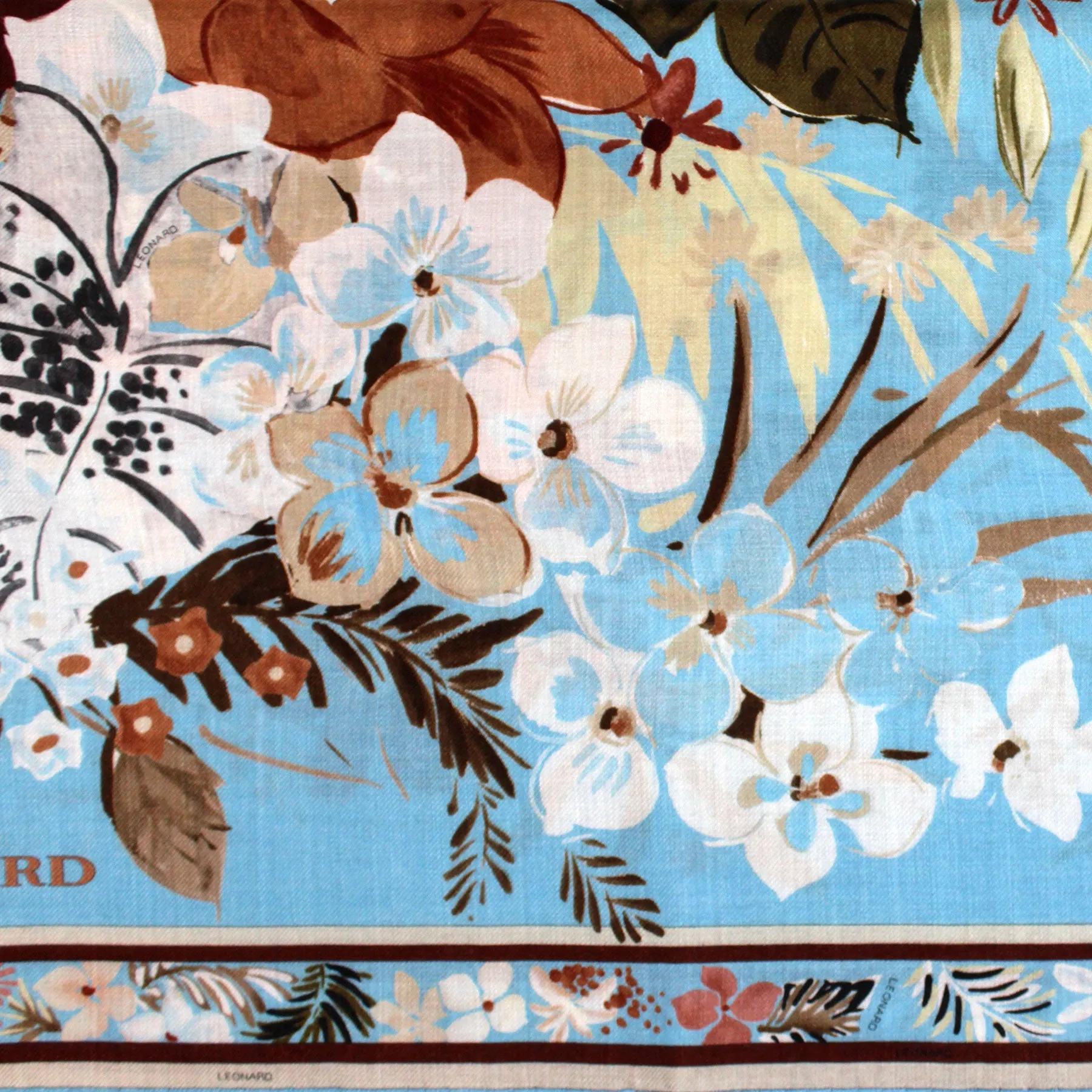 Leonard Paris Scarf Blue Brown Floral - Extra Large Square Cashmere Silk Wrap