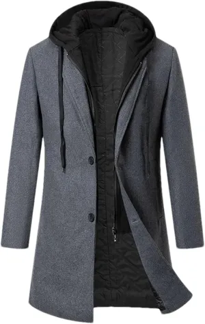 Men's Patchwork Hooded Blends Jacket Coat Long Slim Solid Business Cardigan Outwear