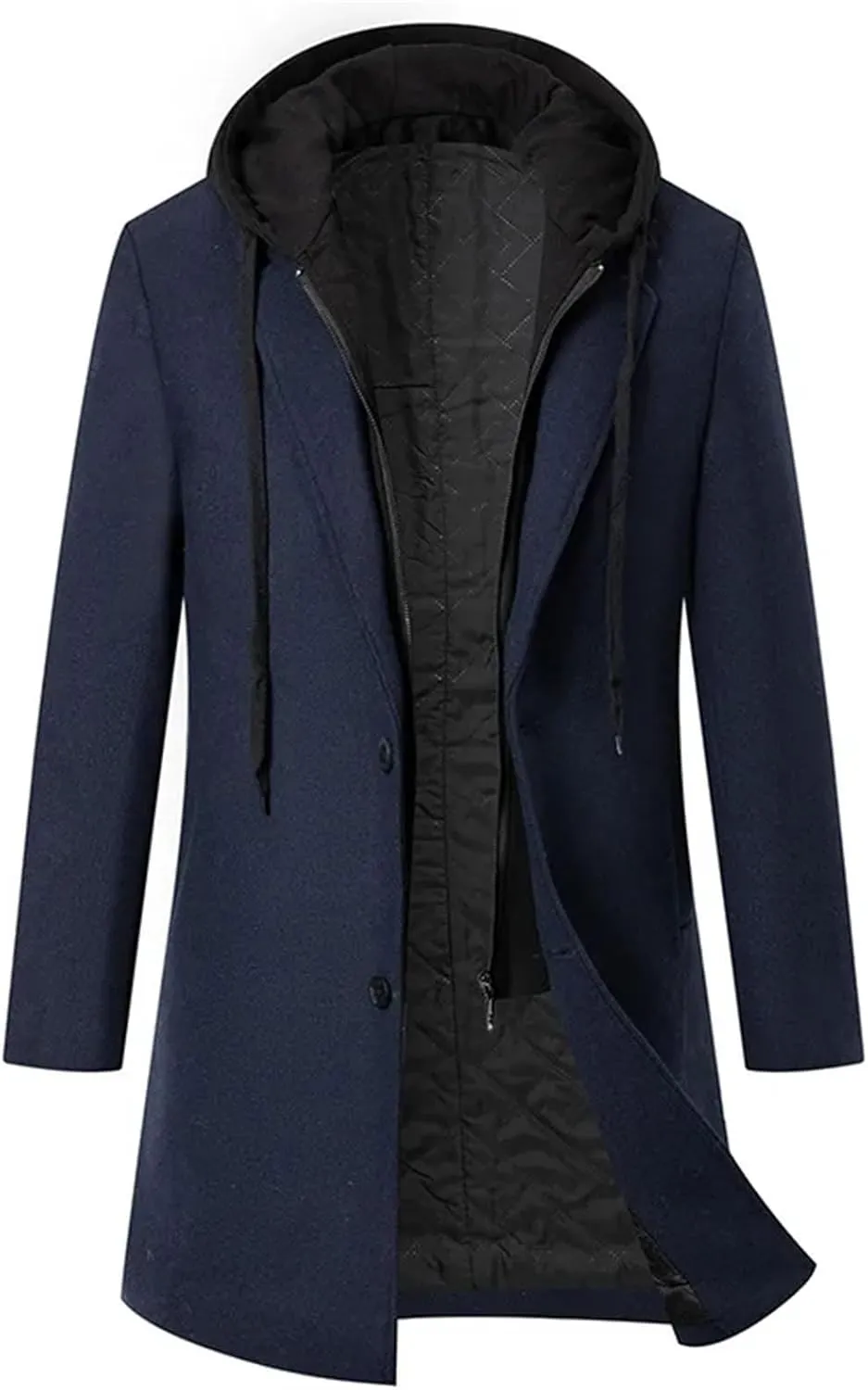 Men's Patchwork Hooded Blends Jacket Coat Long Slim Solid Business Cardigan Outwear