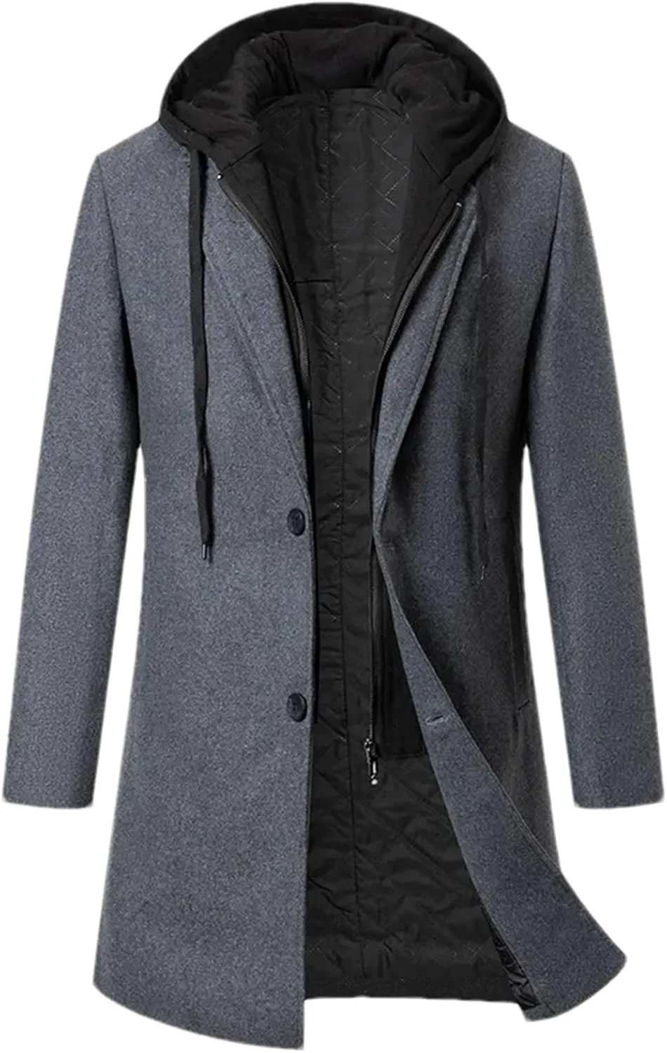 Men's Patchwork Hooded Blends Jacket Coat Long Slim Solid Business Cardigan Outwear
