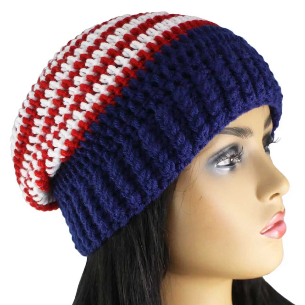 Red White Blue Crochet Beanie Hat Medium/Large - JMCH53ML