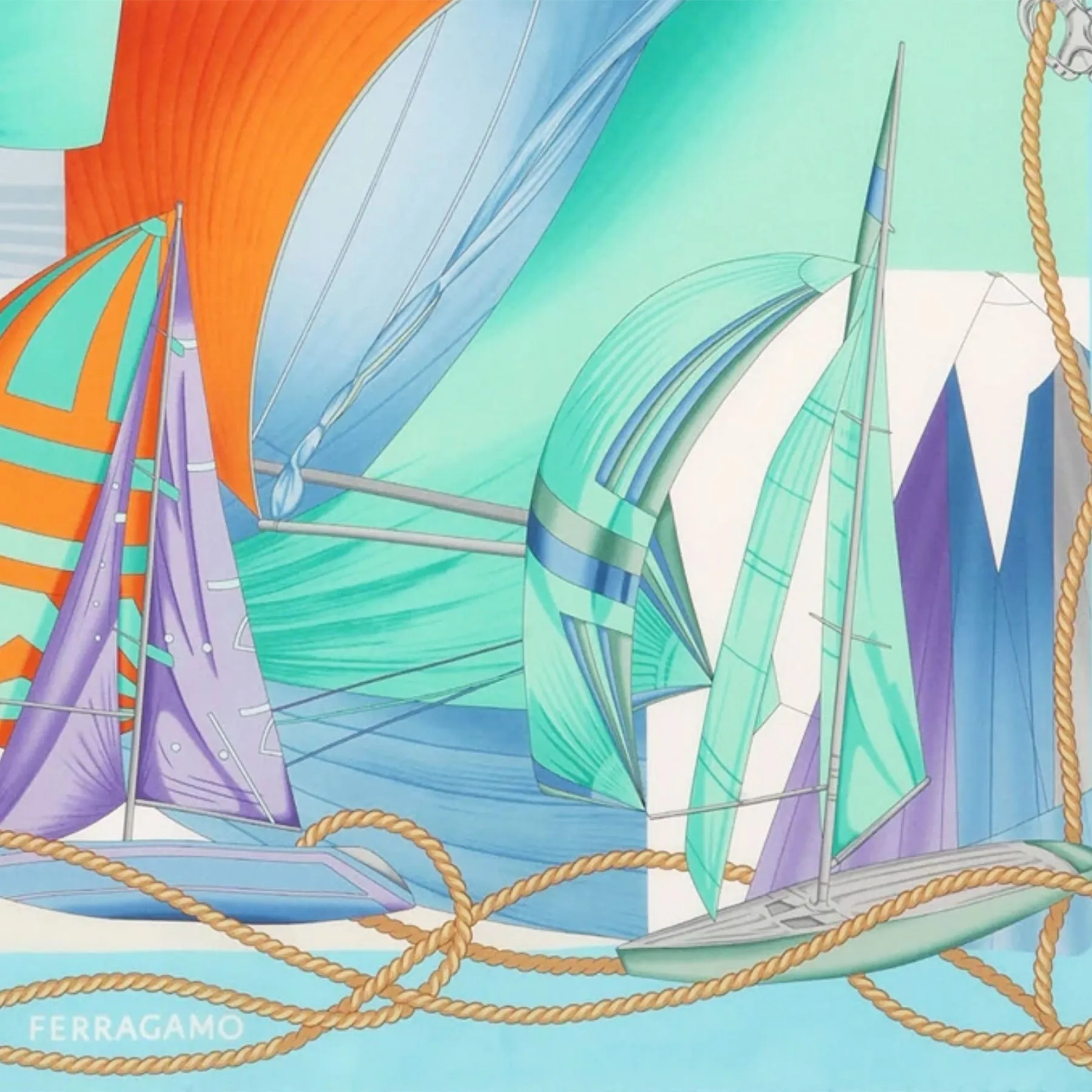 Salvatore Ferragamo Scarf Blue Sailing Design - Twill Silk Foulard - 2024 Collection SALE
