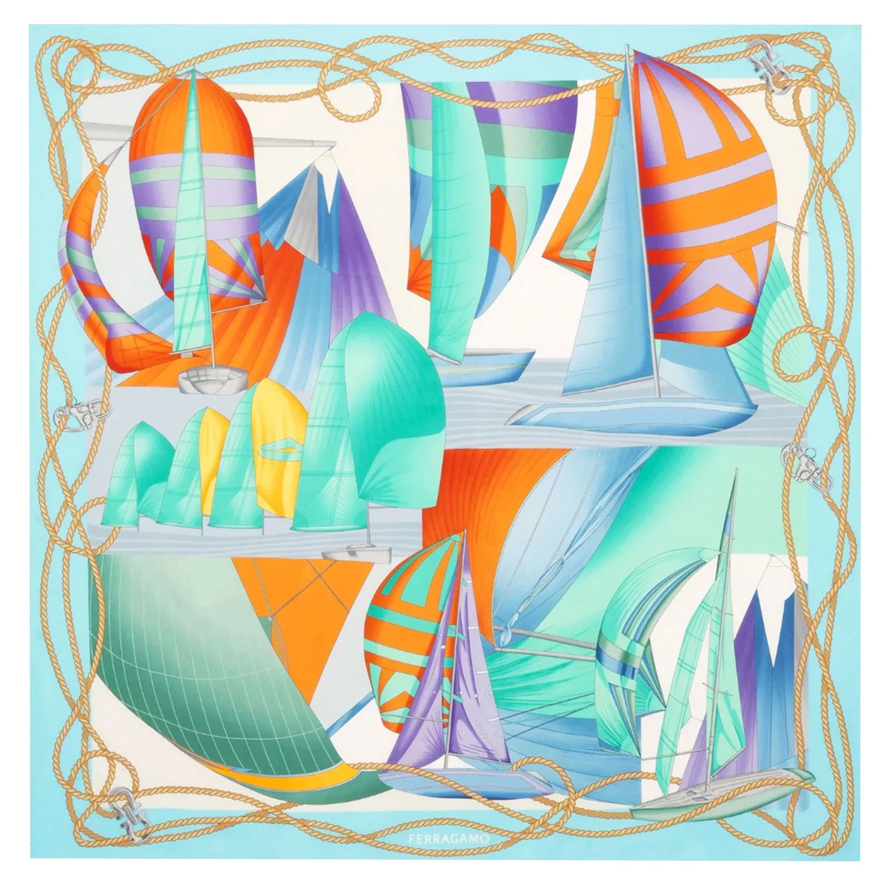 Salvatore Ferragamo Scarf Blue Sailing Design - Twill Silk Foulard - 2024 Collection SALE