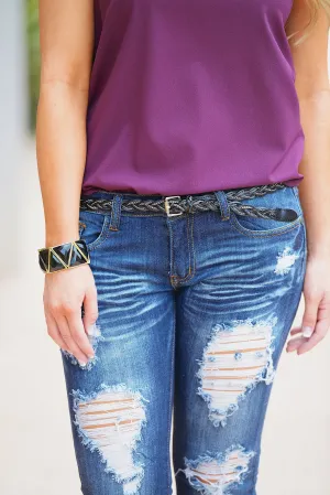 Skinny Woven Braid Belt - Black