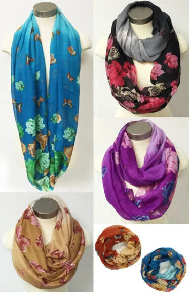 women's infinity circle scarves - butterfly/flower Case of 24