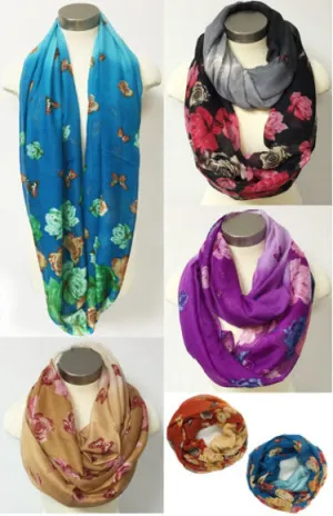 women's infinity circle scarves - butterfly/flower Case of 24