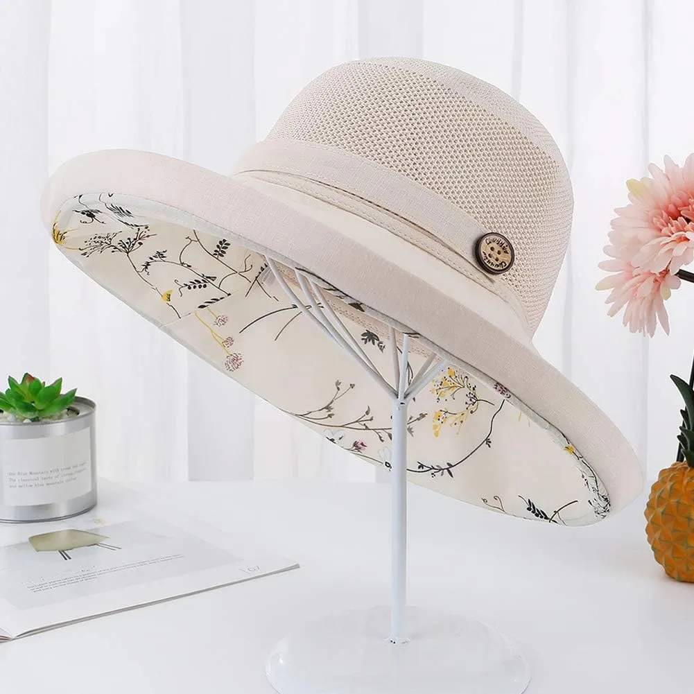Women's-Mesh-Sun-Hats Wide-Brim Summer Beach Bucket Caps for Girls Outdoor-UV-Protection Foldable-Fishing-Hat Chin Strap